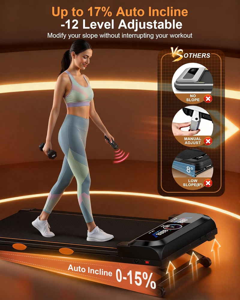 Load image into Gallery viewer, Walking Pad Treadmill with 15% Auto Incline 12-Level, Under Desk Treadmill for Home 450 lbs Capacity, Walking Pad with Incline, RGB UI Screen, Bluetooth Speaker & APP, 3.5HP Quiet Desk Treadmills