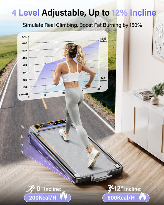 Walking Pad Treadmill with 12% Incline & Dual LED Display, 4 in 1 Walking Pad with Handle Bar