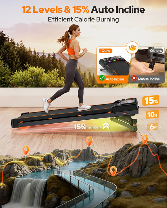 Walking Pad Treadmill with 15% 12-Level Auto Incline, 450 lbs Capacity UI Screen, 3.5HP Quiet Under Desk Treadmill