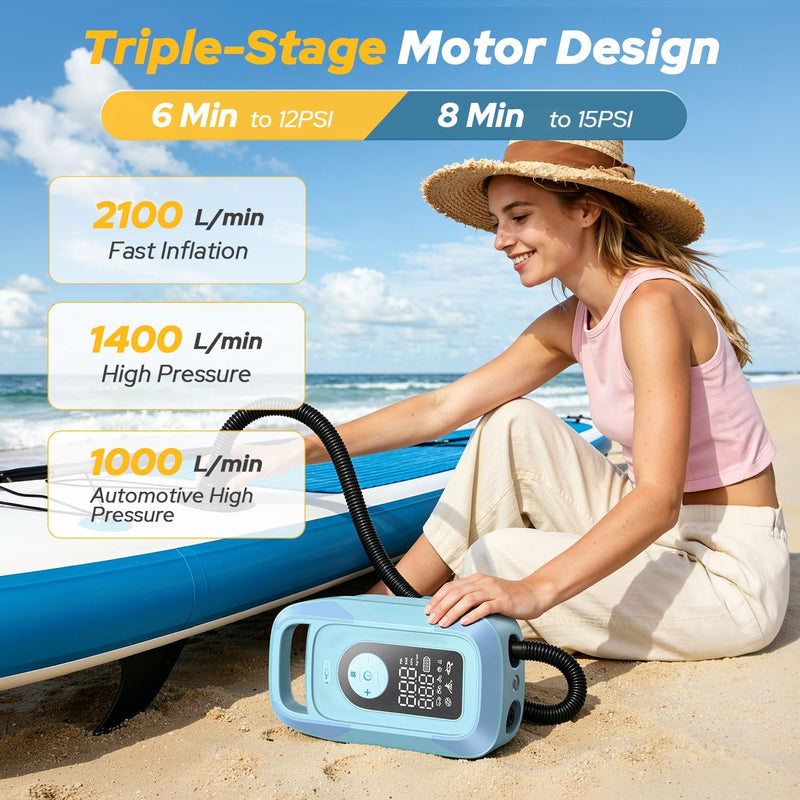 Load image into Gallery viewer, 150PSI Paddle Board Electric Pump, 16000mAh Rechargeable SUP Pump with LED Light, Triple Stage Inflation &amp; Deflation, Fast Charging Electric Air Pump for Paddle Board, for Inflatables, Boats, Car
