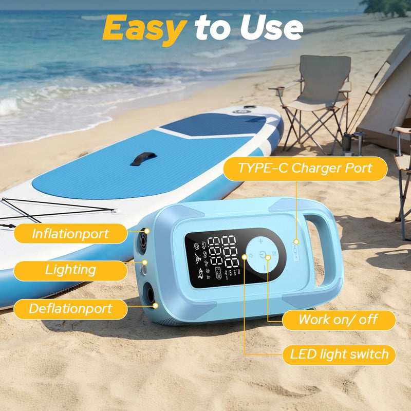 Load image into Gallery viewer, 150PSI Paddle Board Electric Pump, 16000mAh Rechargeable SUP Pump with LED Light, Triple Stage Inflation &amp; Deflation, Fast Charging Electric Air Pump for Paddle Board, for Inflatables, Boats, Car
