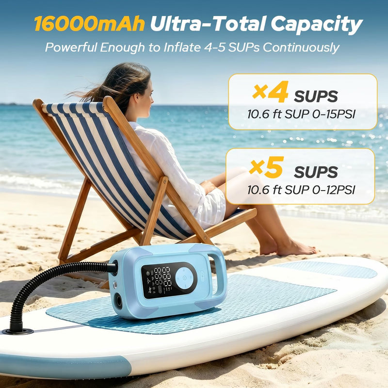 Load image into Gallery viewer, 150PSI Paddle Board Electric Pump, 16000mAh Rechargeable SUP Pump with LED Light, Triple Stage Inflation &amp; Deflation, Fast Charging Electric Air Pump for Paddle Board, for Inflatables, Boats, Car
